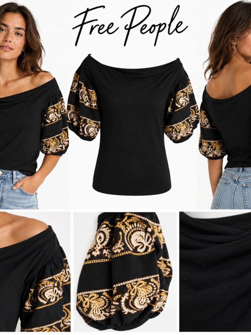 Free People Black Gold Paisley Puff Sleeve Top Boho Festival Off Shoulder  Sz SP
